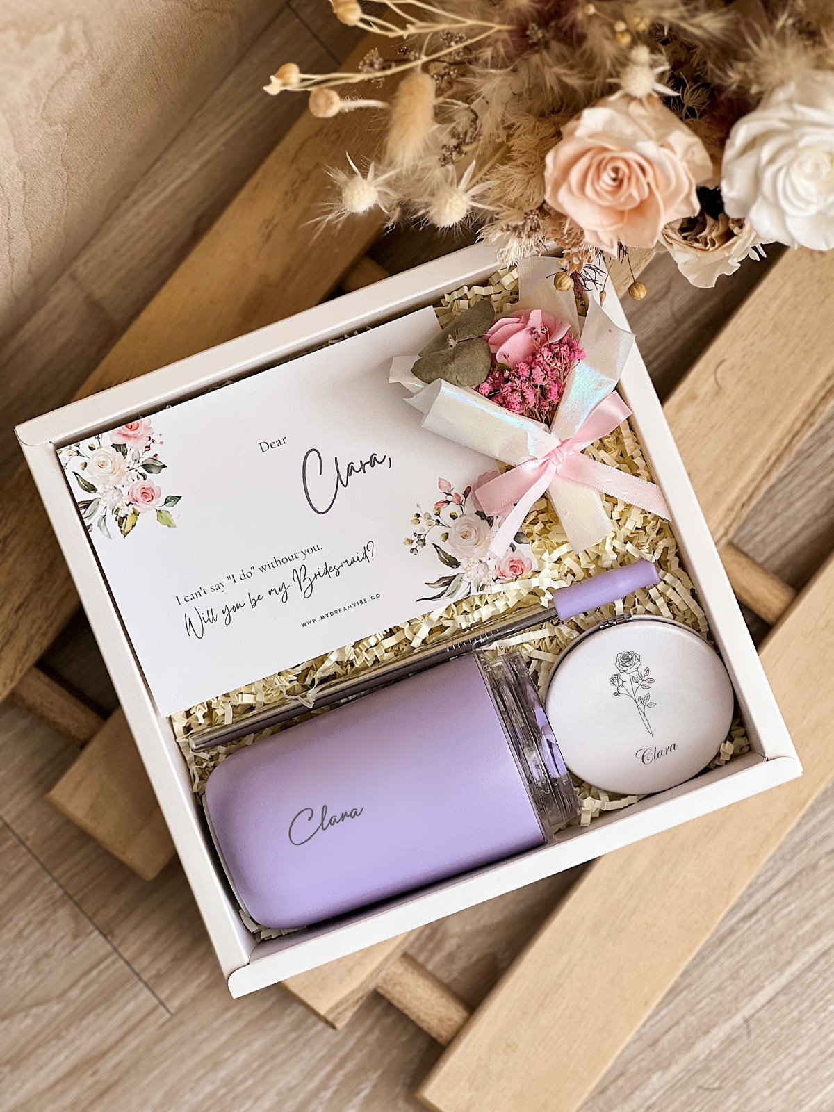 [4 - 10 Bridesmaids Package] : 280ml Double Wall Coffee Cup with Straw and PU Leather Mirror in White PVC Box